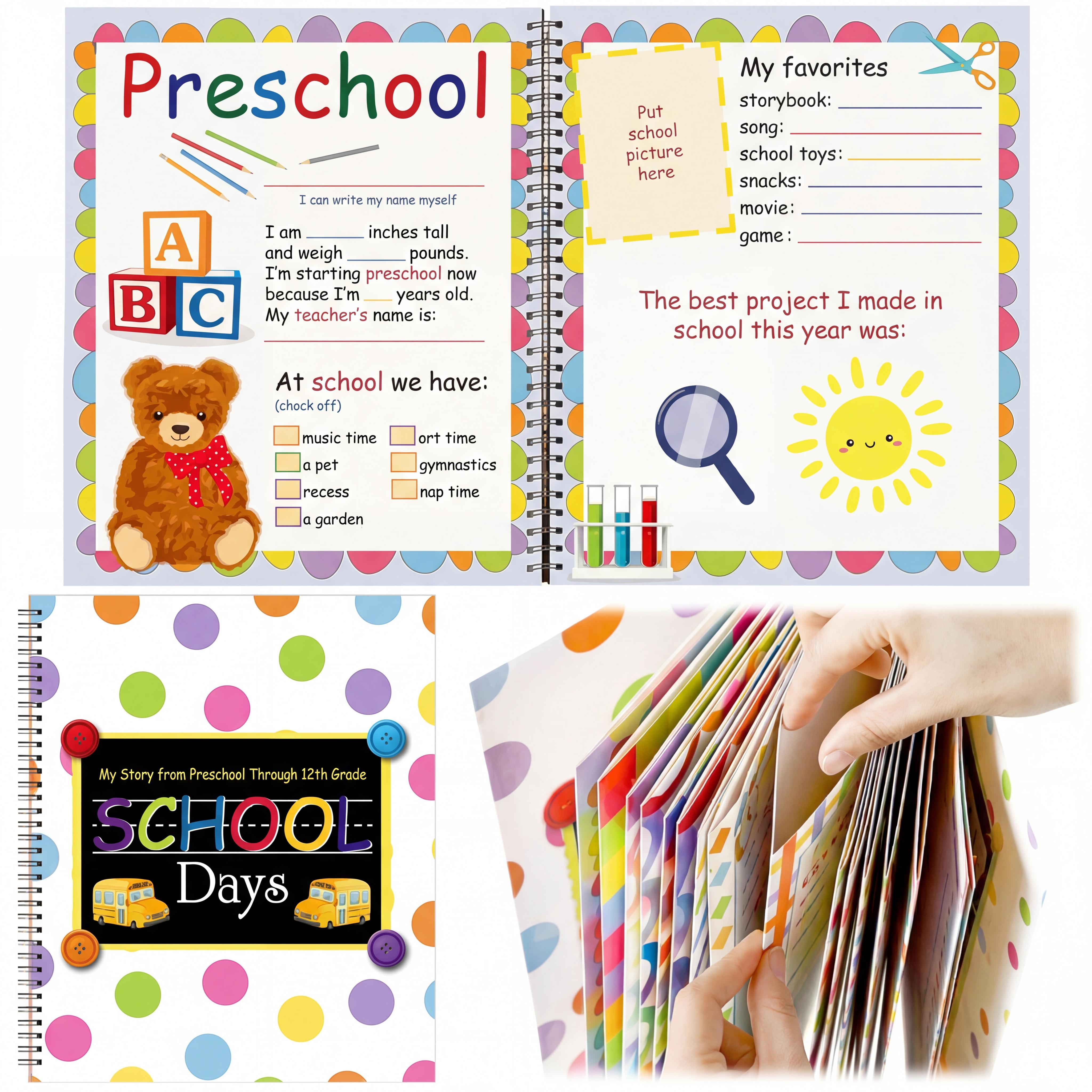School Memory Book Preschool Back to School Gifts Keepsake for Kids Scrapbook Photo Memories from Preschool Through 12th Grade with 14 Pocket for Storage Portfolio Every Grade Pictures Campus Back to School Season Supplies