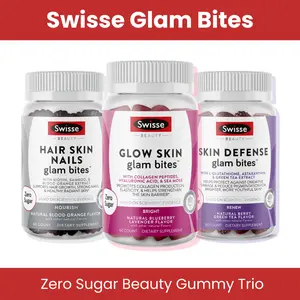 Swisse Glam Bites Trio – Zero Sugar Beauty Gummies for Adults – Glow Skin | Skin Defense | Hair, Skin, Nails