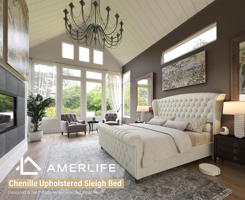 AMERLIFE Platform Bed Frame,Velvet Upholstered Sleigh Bed with Scroll Wingback Headboard&Footboard/No Box Spring Required/Christmas Gift/Best Gift Ideas