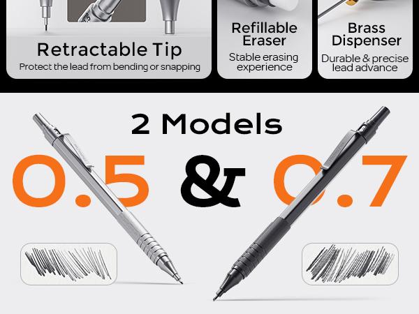 Nicpro Metal Mechanical Pencil Set 0.5 mm & 0.7mm with Case, Artist Pencil MP1000 with HB Lead Refill, Eraser, Eraser Refill For Art Writing Drafting Drawing
