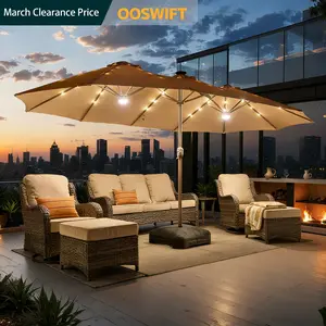 [March Clearance Price] OOSWIFT 14.5 ft Large Patio Umbrella with Solar LED Lights & Base, Extra Large Outdoor Twin Umbrella w/36 Lights, for Patio Garden Pool Lawn Backyard, Base Included, Sunshade Canopy