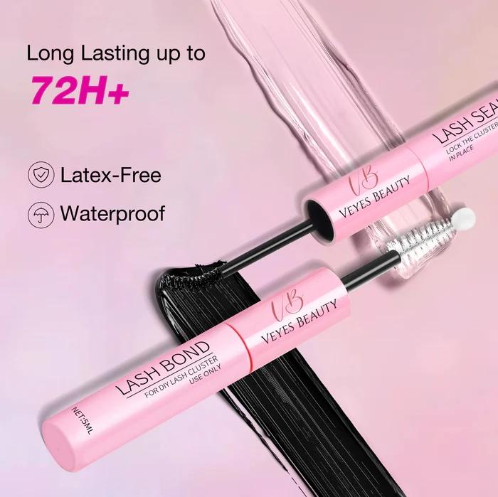 VEYESBEAUTY Lash Bond & Seal - Black 10ml Waterproof 2 in 1 Cluster Lash Glue for Eyelash Extensions Long Lasting Strong Hold Individual Makeup Cosmetic