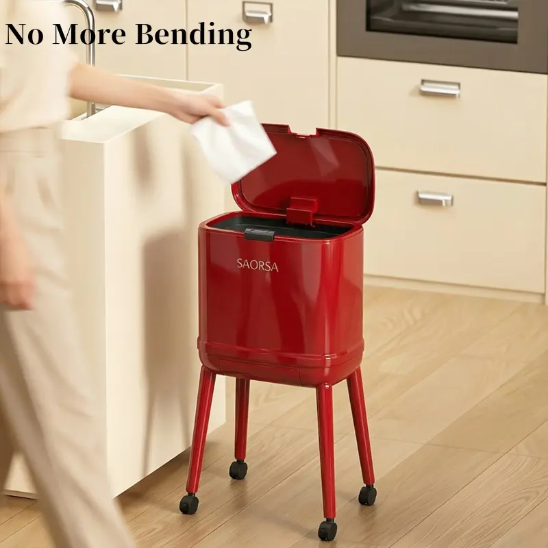 No-bend kitchen trash can, large-capacity trash can with casters, mobile plastic kitchen storage bin with lid, push-to-open lid to keep hands clean, suitable for various settings such as indoor use, kitchens, living rooms, and other household scenarios