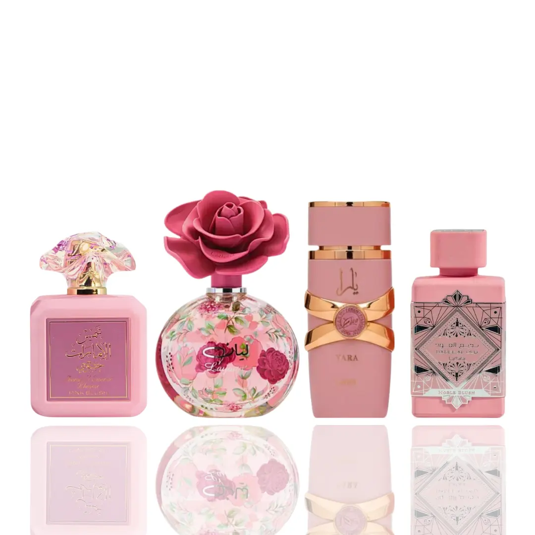 Lattafa 4-Piece Female Bundle Set - YARA ELIXIR, Layaan, Pink Blush Shams Al Emarat, Badee Al Oud Noble Blush with Floral Fragrance, Captivating Scent and Rich Scents, Edp Sprays, Elegant Perfume