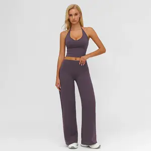 USBOUTIQUE CHIC Sporty Two-Piece Set Women’s Plain Crop Cami Top & Flare Leg Pants Sports Set, Sporty Casual Comfy Breathable Two-Piece Outfits for Yoga, Gym, Workout, Running, Gym Workout Clothes SpringStatements