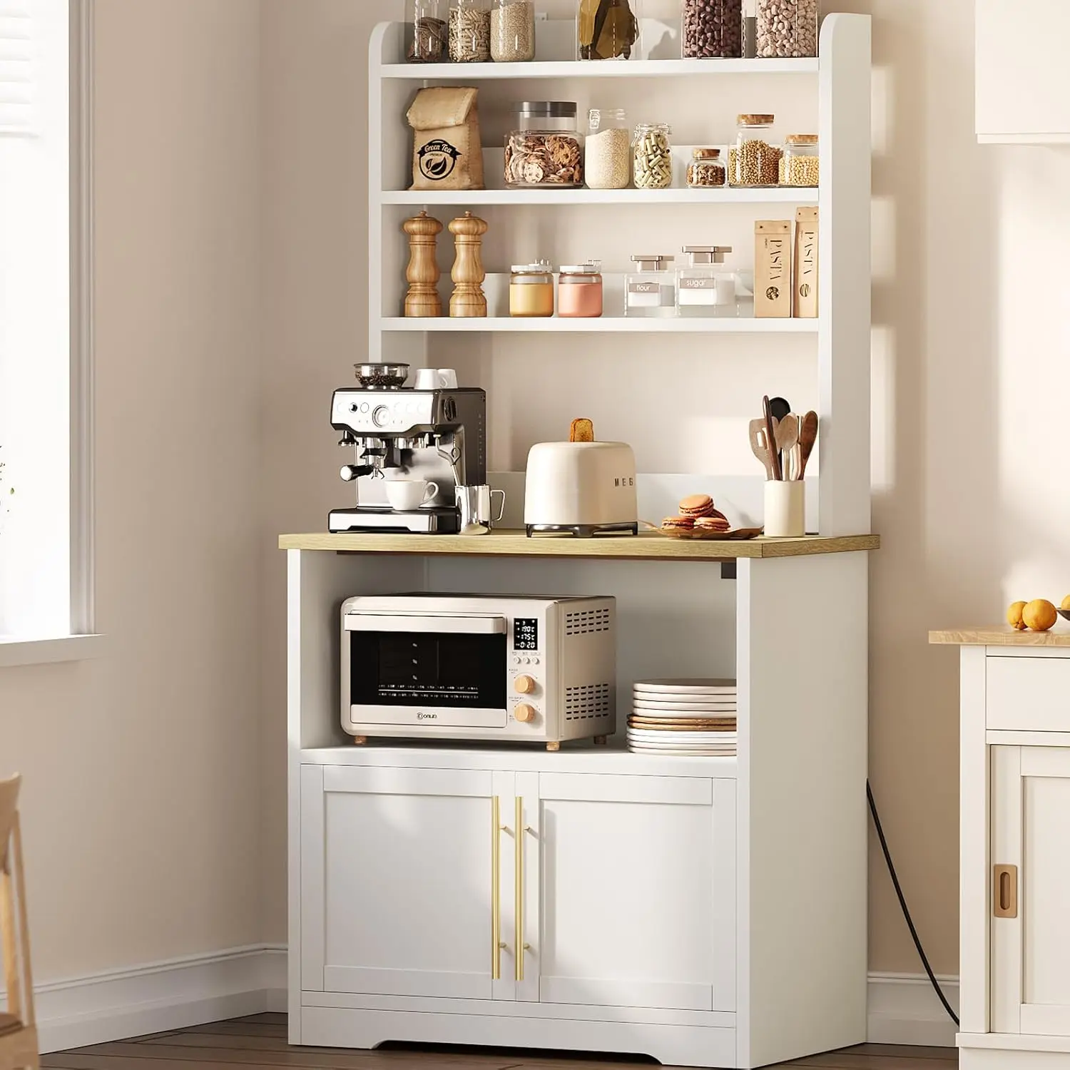 Bakers Rack with Storage Cabinet, Microwave Stand with Power Outlets, Farmhouse Bakers Rack with Thick Table Top, Small Kitchen Bakers Rack for Kitchen,Dining Room,White & Peer Wood