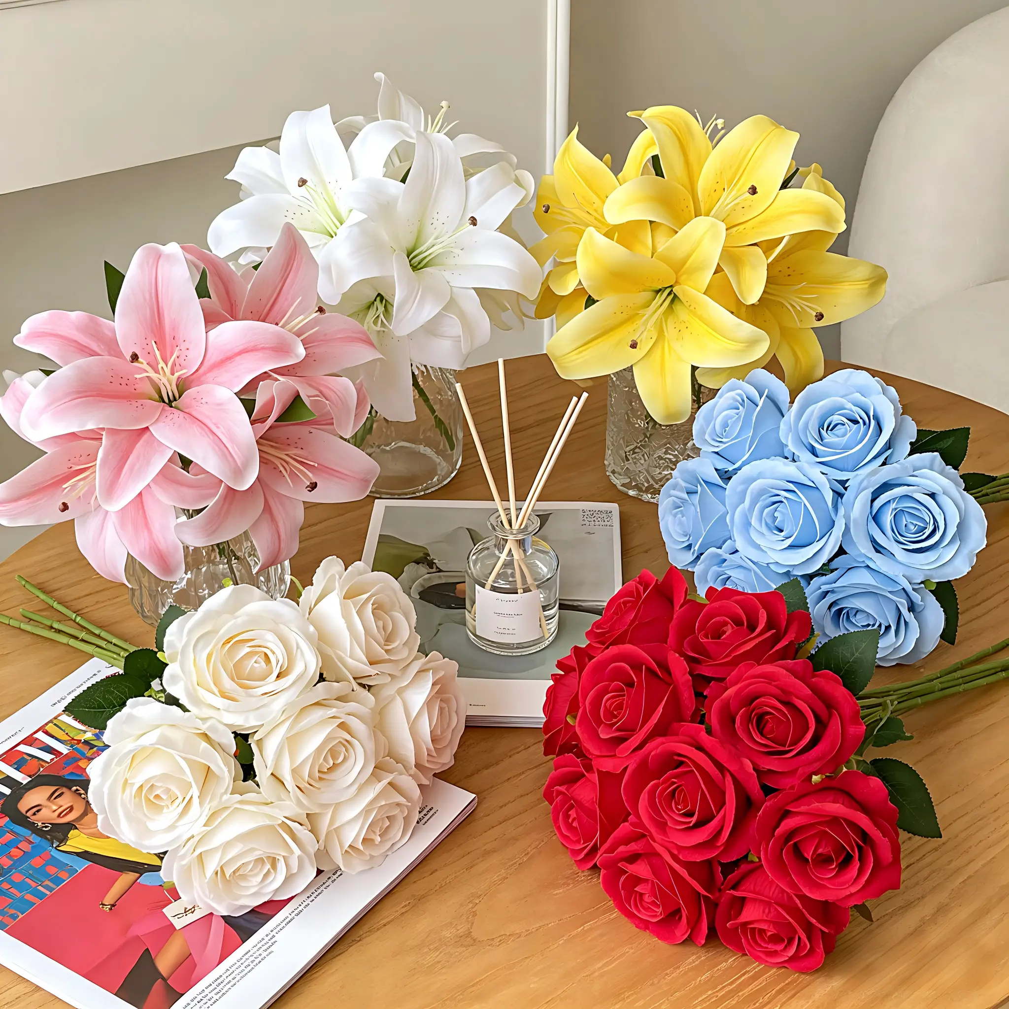 9-Heads Decorative Lightweight Artificial Lily Rose Bouquet, Lifelike Fake Silk Flowers Plants Lilies, No-Water Easy-Maintenance Faux Floral Arrangement for Mom Wife, Home Living Room Table Centerpieces (Mother's Day Gift), Fake Flowers Plants, Lilies Flo