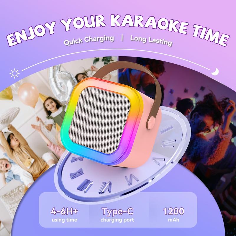 Mini karaoke machine with 2 microphones, wireless BT speaker,Bluetooth Speaker with LED Nightlight, Bluetooth party Pink karaoke