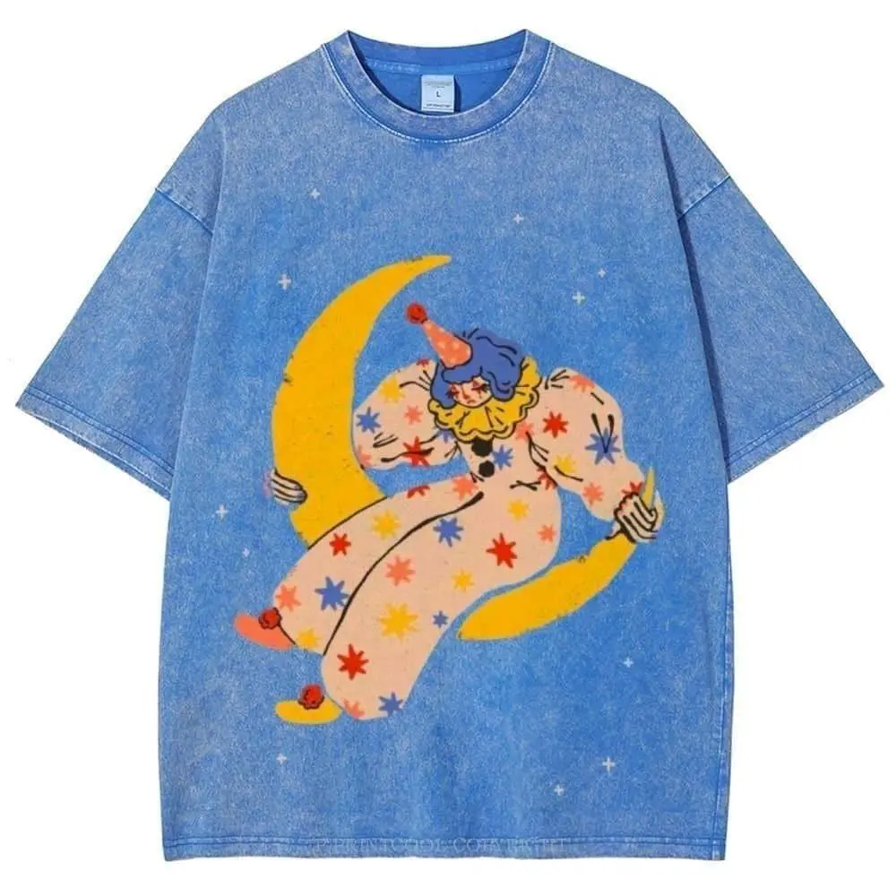 Vintage Clown Sitting on Crescent Moon Graphic Tee | Retro Indie Aesthetic T-Shirt