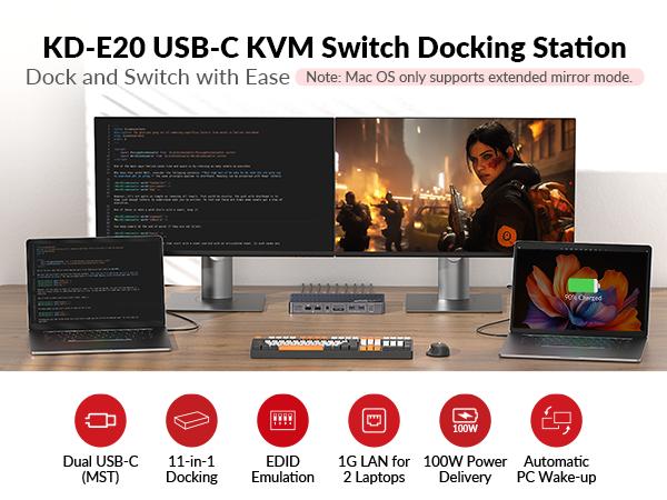AV Access KD-E20 KVM Switch Docking Station for 2 Monitors 2 Laptops, 4K Dual Monitor, 100W PD for Each Laptop, 1G Ethernet, EDID Emulation