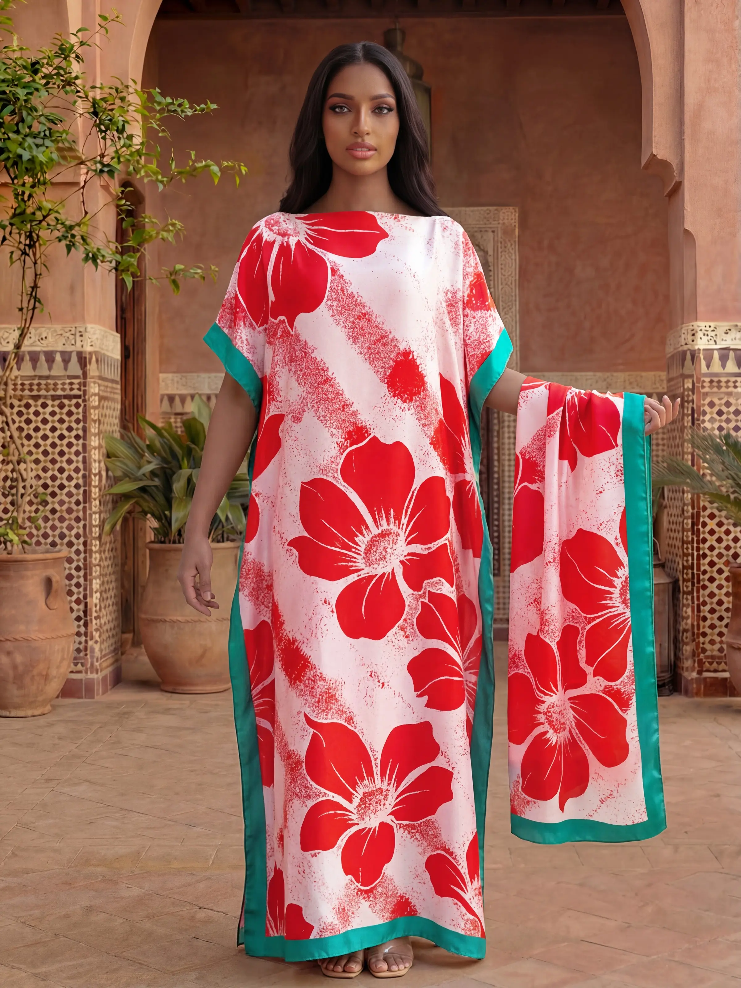 2-Piece Fashion Floral Shawl Set, Elegant Fitted Neckwear for All Seasons, Sun Protection Silk Scarf for Beach & Sand