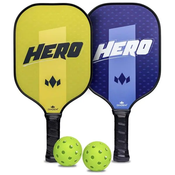Diadem Hero Pickleball Paddles Set for Beginners, Economical Bundle with 2 Fiber Glass Paddles and Polypropylene Core for Exceptional Power and Control, Includes Bag and Balls, Wide Face, Unisex