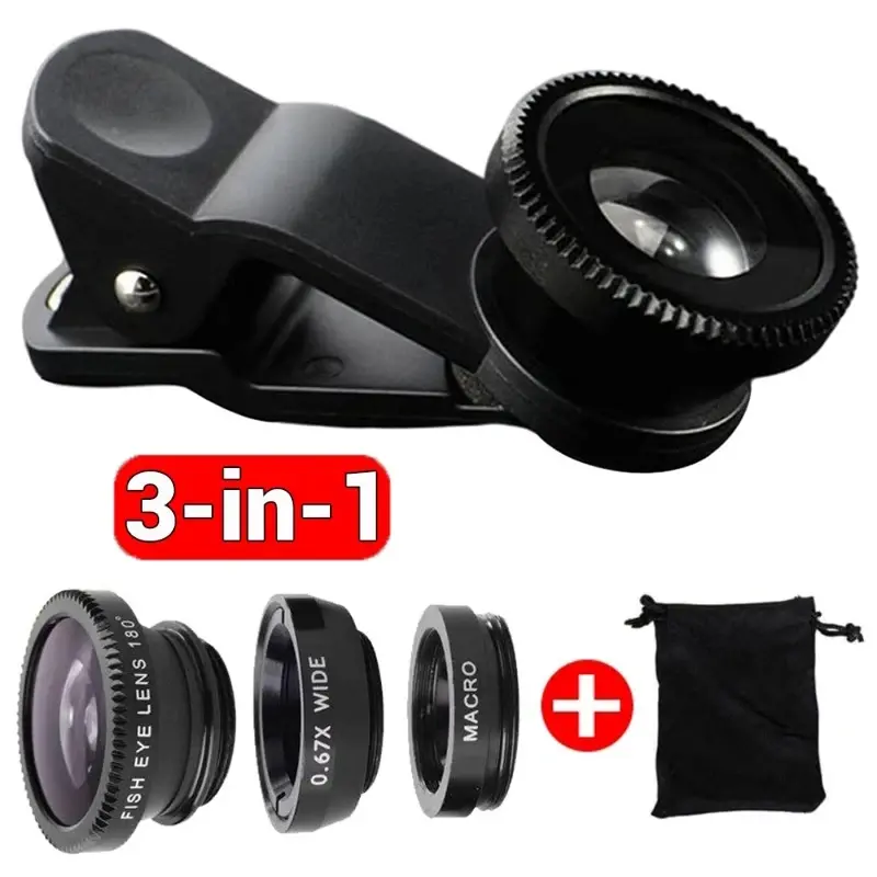 3-in-1 fisheye wide-angle miniature camera lens for iPhone, Xiaomi, and Redmi; 3-in-1 zoom fisheye lens with phone clip, Smartphone Camera Accessories, Cell Phone Accessories