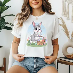 Kawaii Easter Bunny T Shirt Pastel Spring Rabbit with Floral Egg Basket for Girls and Women