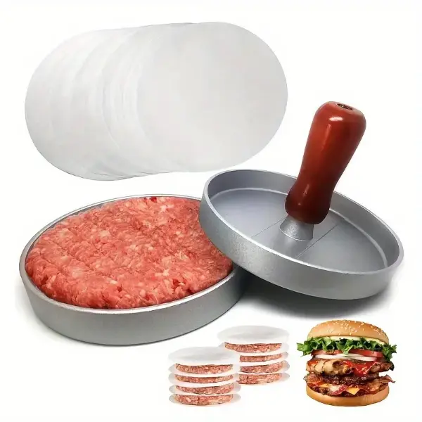 Non-Stick Aluminium Hamburger Press - Kitchen BBQ Tool for Cooking, Kitchen Utensil with 100 Silicone Papers