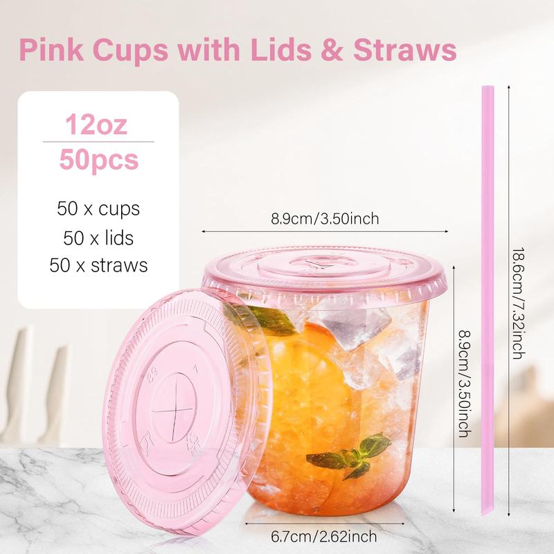 Valentine's Day 50Pack 12oz/16oz Pink Plastic Party Cups with Lids and Straws,Disposable Iced Coffee Cup with Lids,Round Bottom Drinking Cups for Birthday Wedding Valentine's Galentine's Bachelorette Party
