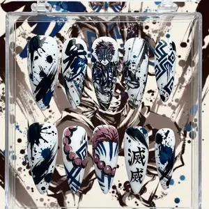 Akaza Anime Press On Nails Demon Slayer Inspired Luxury Hand Painted Long Almond Glue On Nails