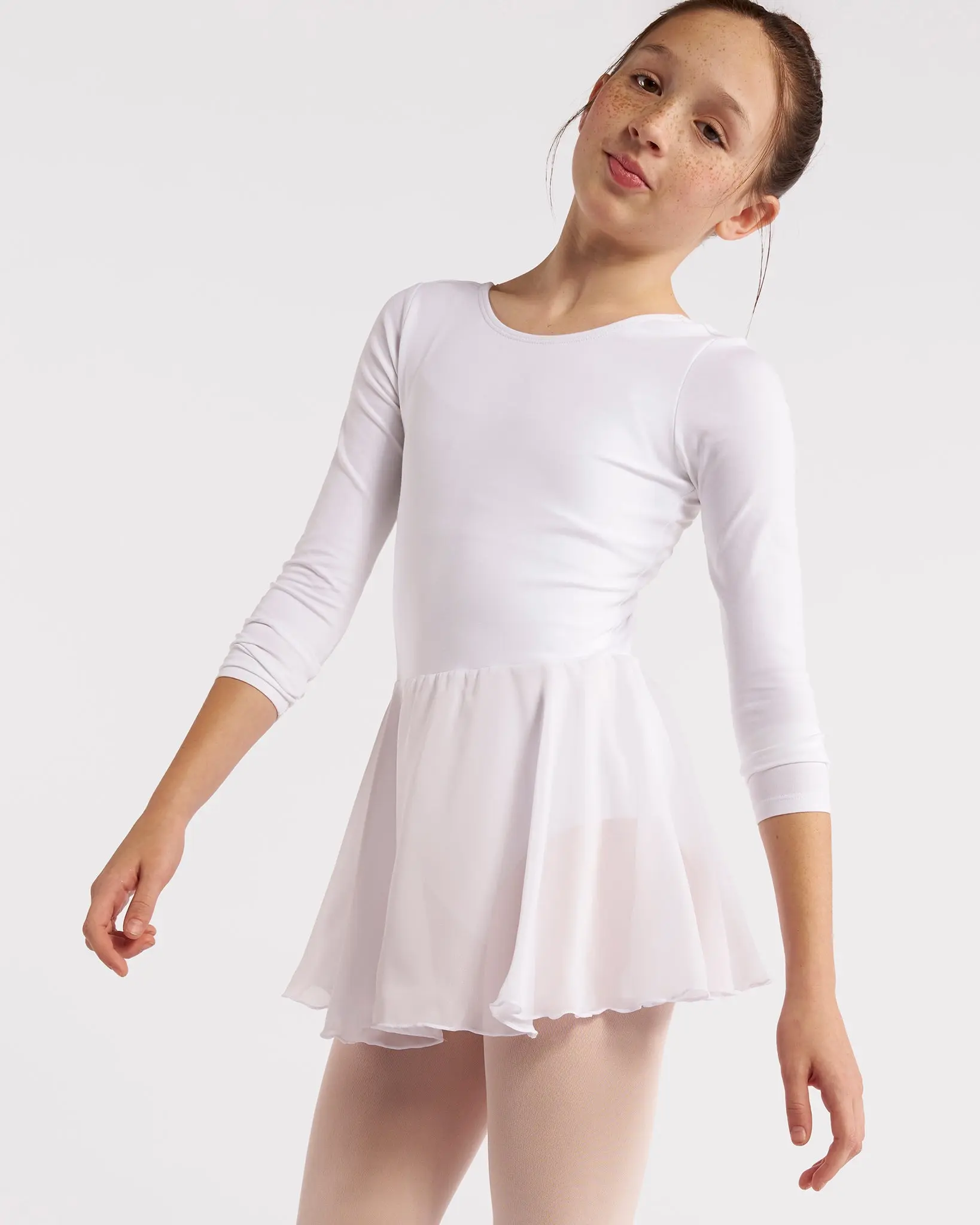Girls' Stretchy Cotton Long-Sleeve Scoop-Neck Ballet Leotard with Sheer Skirt, Dancewear for Recitals and Dance Class