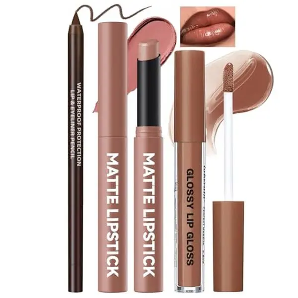 Noerrors Juicy Nude Lip Kit with Matte Lipstick & Nourishing Lip Gloss & Brown Lip Liner, Moisturizing Glossy High Shine Pluming Lip Combo for Women, Smooth Tinted Lip Glow Oil Lip Contour Trio Set