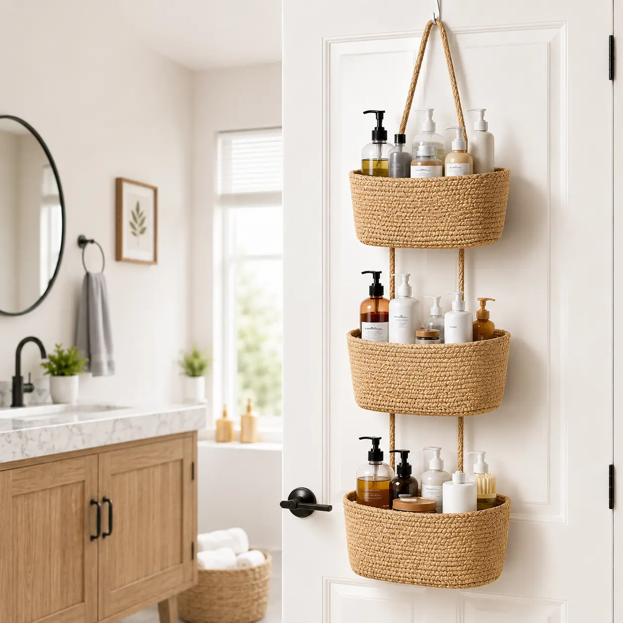 【Free Ship（14in）】Woven cotton 3-Tier Over the Door Basket, Wall-Mounted Jute Storage Organizer in bathroom – Decorative Nursery Baskets, Perfect for Busy Mom/Dad to Store Diapers & Toys small basket Gift Hook laundry basket house organizers