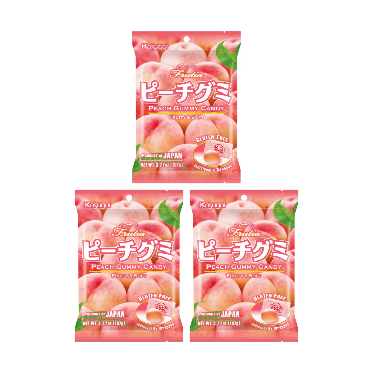 Kasugai Peach Gummy Candy 107g (3 Bags) - Authentic Japanese Fruit Chewy Snacks, Gluten-Free