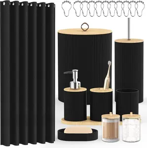 22PCS Black Bathroom Set with Shower Curtain,Trash Can,Toilet Brush Holder Set & Soap Dispenser – Stylish & Functional Bath Decor for Home, Apartment