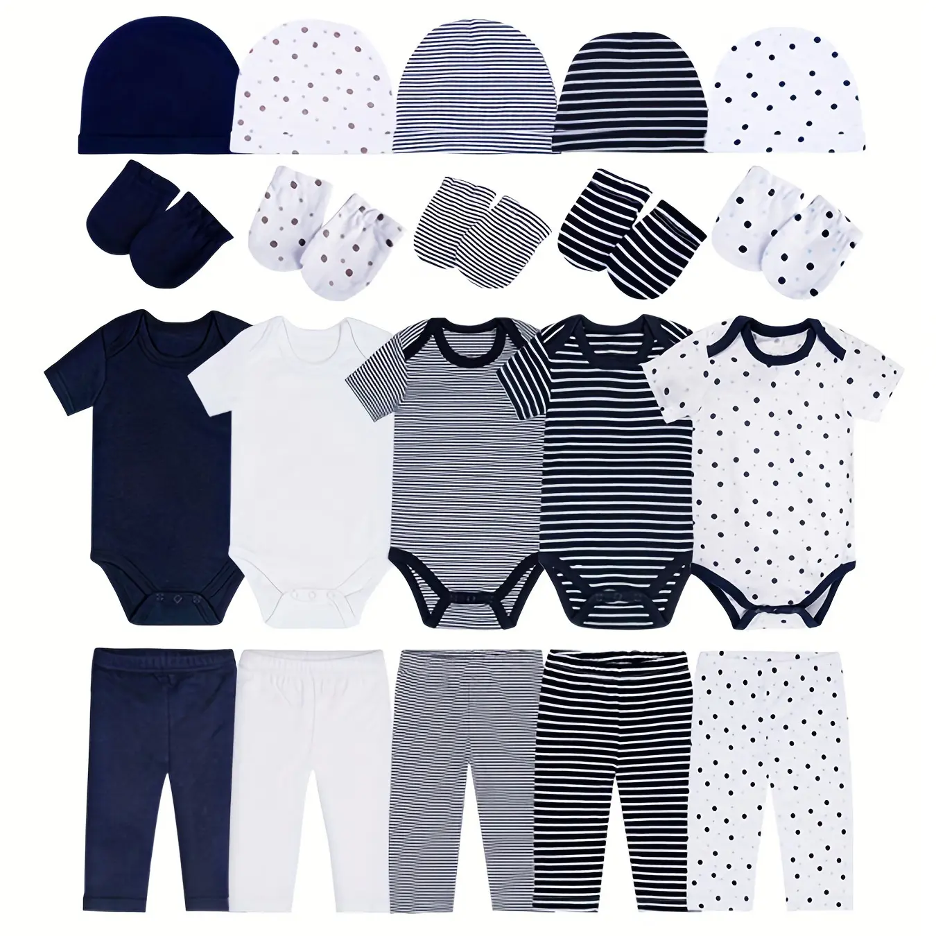 JY.COZY FOR BABY Newborn-Baby Boy Soft Cotton Bodysuit Set, 20-Piece Deep Blue Simple Cute Spot Stripes Romper Pajama, Breathable Gentle Infant Outfit Essentials Gift (No Guard), Baby Items, Newborn Baby Stuff
