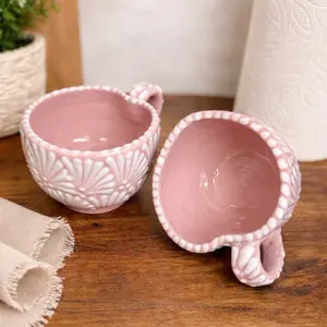 Pink taza corazón hand made mug set of 2