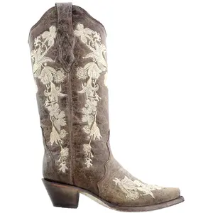 Corral Boots Womens Floral Rhinestone Embroidered Snip Toe  Casual Boots Mid Calf Mid Heel 2-3" - Brown