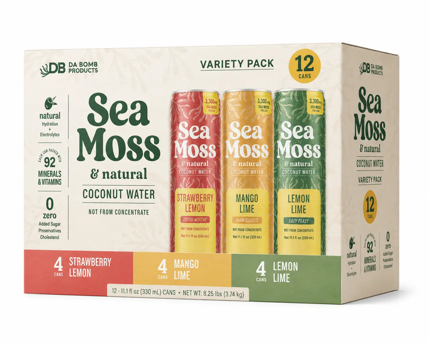 Sea Moss Coconut Water Variety Pack  | 12 Cans | Natural Hydration + Electrolytes | Strawberry Lemon, Mango Lime & Lemon Lime