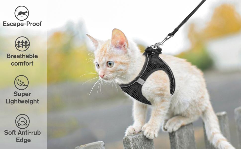 Escape Proof Cat Harness & Leash Adjustable Reflective Soft Mesh Vest for Easy Safe Walks with Leash Included