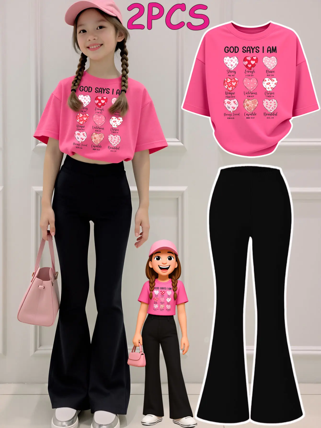 2PCS Valentine's Day Girls Clothes T-Shirt Bottom Pants Set  God Says I Am Hearts Print Girl Clothes Short-Sleeved Round Neck T-Shirt Bell Bottom Pants Set Perfect For Outdoor  Kids Clothes, Outdoor Wear