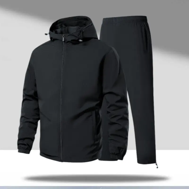 Men’s outdoor casual two piece set with hooded jacket and long pants, drawstring adjustable hood and elastic cuffs, lightweight breathable fabric, suitable for daily commuting, running, fitness, hiking, and versatile styling. fathersdaygift