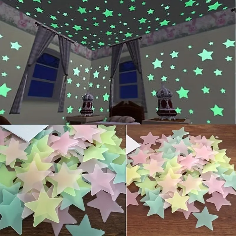 100Pcs classic luminous dim star wall sticker, reused luminous fluorescent sticker, Decorative stickers, Glow in the Dark, matte surface, self-adhesive plastic decoration, Home Decor, for fantasy-themed rooms, multi-sided installation