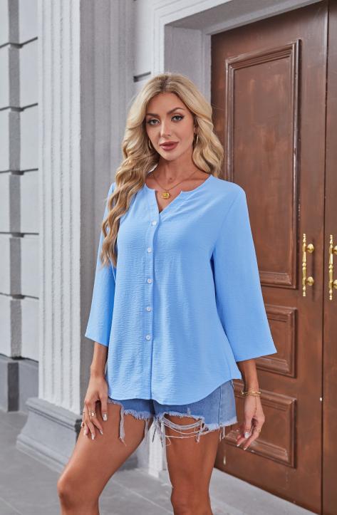 OFEEFAN Button Down Shirts for Women 3/4 Length Sleeve Tops V Neck Blouses Business Casual Outfits Loose Fitmenswear Basic Minimalist