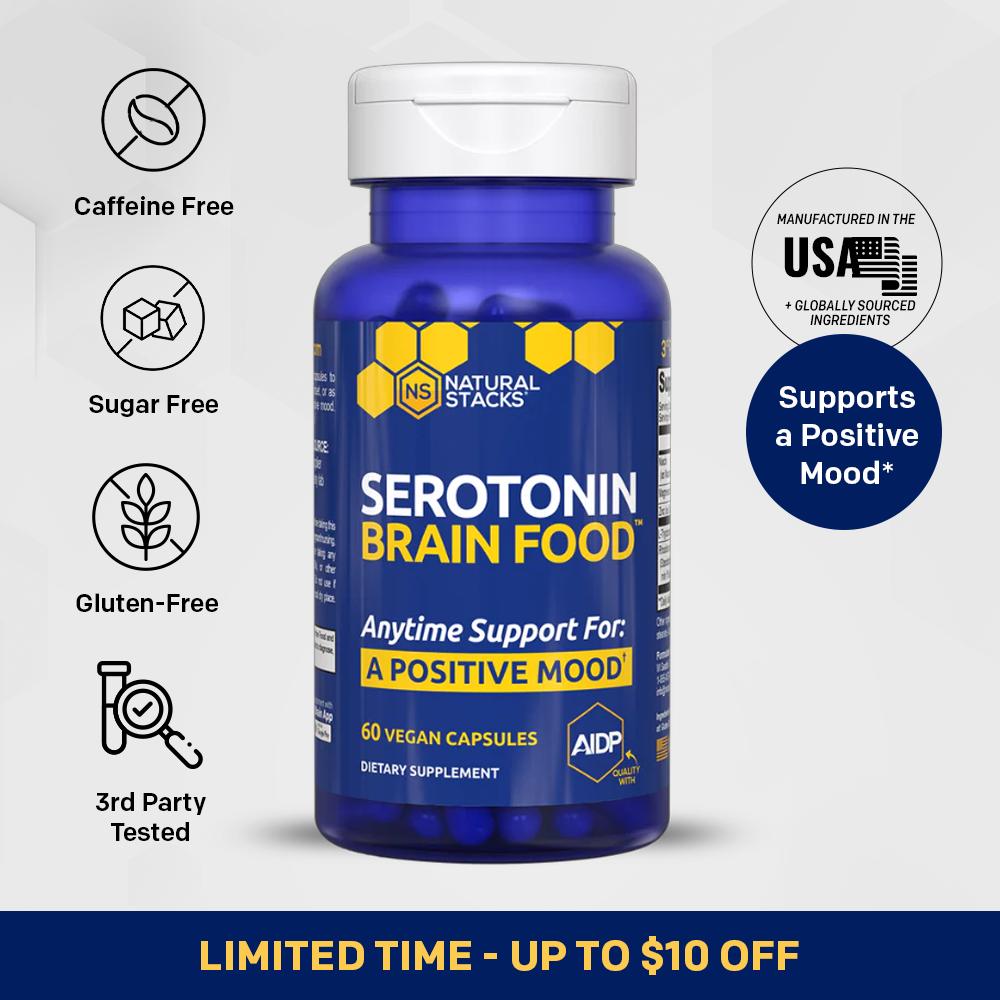 Serotonin Brain Food - Support mood with stress control supplement.* Greater sense of calm with L-Tryptophan, Magnesium,