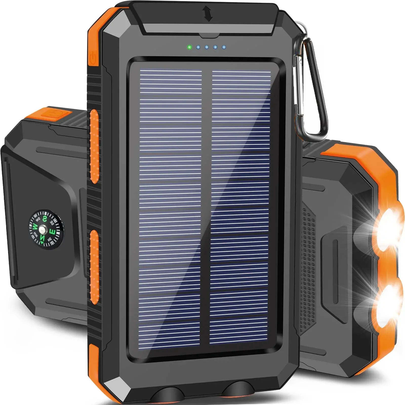 20000mAh Portable Solar Charger Emergency Battery Pack with LED Flashlight - Dual USB-A Output, Waterproof Outdoor Design with Compass, Clip, Carabiner for Smartphone, Mobile Devices, Android Phones (TikTok Shop Back to School)