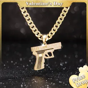 Holylegend 14K Real Gold-Plated Gun Pendant Necklace with AAAA CZ Diamonds, Streetwear Cuban and Rope Chain Jewelry, Bling Accessories Gift for Him, Men's Iced Out Hip Hop Chain,High End Necklace,Necklaces Men