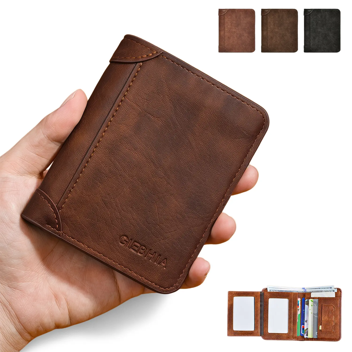 Large-Capacity Trifold Wallet for Men, RFID Blocking PU Leather Wallet with Multiple Card Slots, 2 Clear ID Windows for Driver’s License & Work Badge