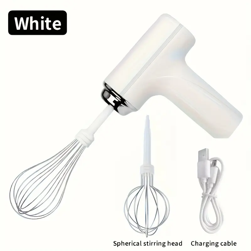 White Cordless & Portable Hand Mixer - USB Rechargeable Ergonomic Handheld Electric Mixer with 3 Speeds, 2 Detachable Dual Stainless Steel Mixing Heads, Compact Design, Charging Cable, Easy to Clean for Smoothies, Hand Mixers, Usb Rechargeable Mixer