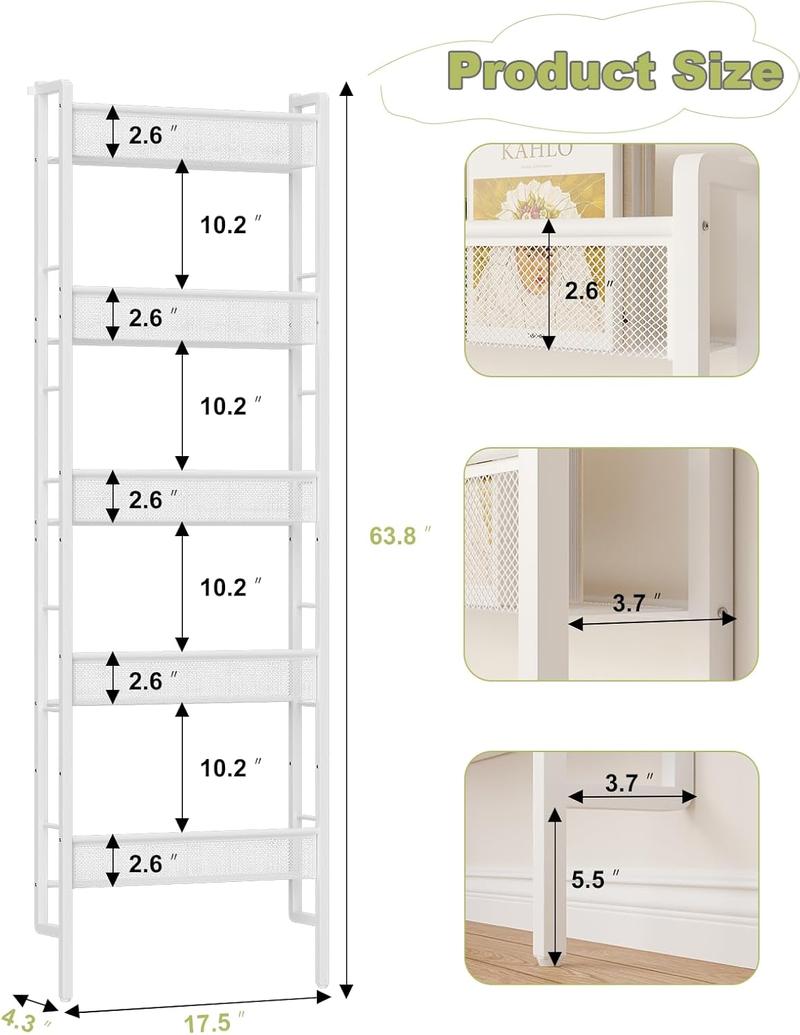 Wall Mounted 5-Tier Bookshelf, Metal Book Rack Organizer for Books, Magazines & Decor, Space-Saving Wall Bookcase for Living Room, Bedroom, Office, White