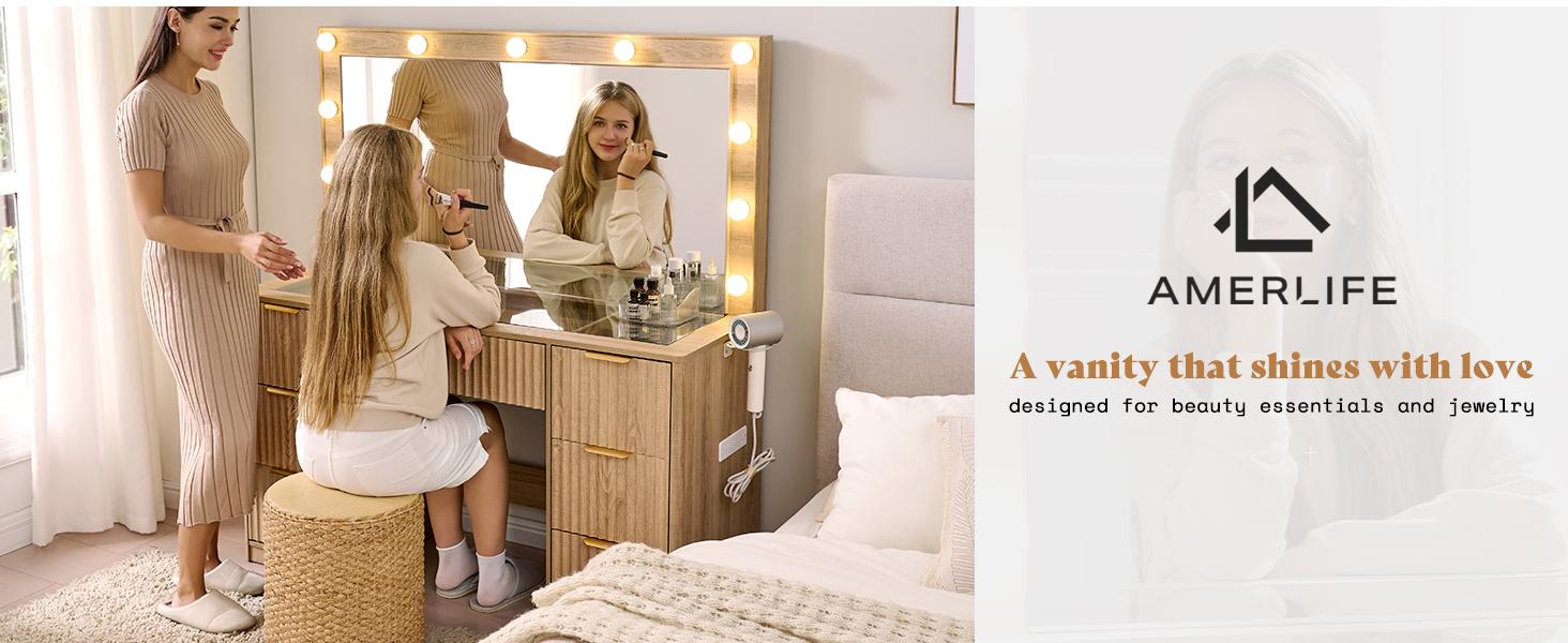AMERLIFE 36.2/47.2" Fluted Vanity Desk with Mirror and Adjustable LED Lights, Large 4/7 Drawers Makeup Table with Glass Top and Charging Station for Women and Girls,,Best Gift Ideas/Christmas Gifts