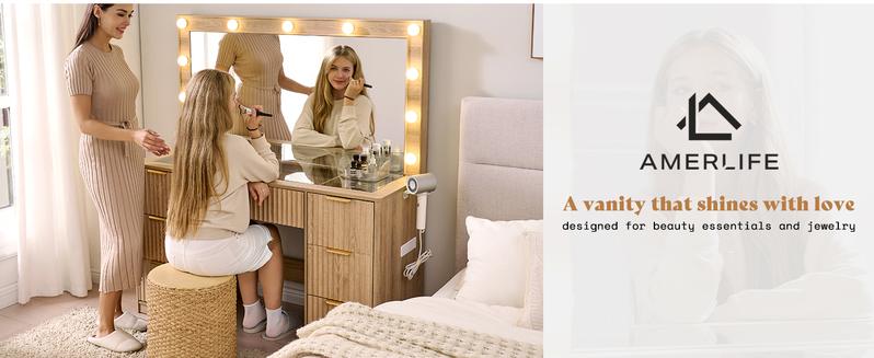 AMERLIFE 36.2/47.2" Fluted Vanity Desk with Mirror and Adjustable LED Lights, Large 4/7 Drawers Makeup Table with Glass Top and Charging Station for Women and Girls,,Best Gift Ideas/Christmas Gifts