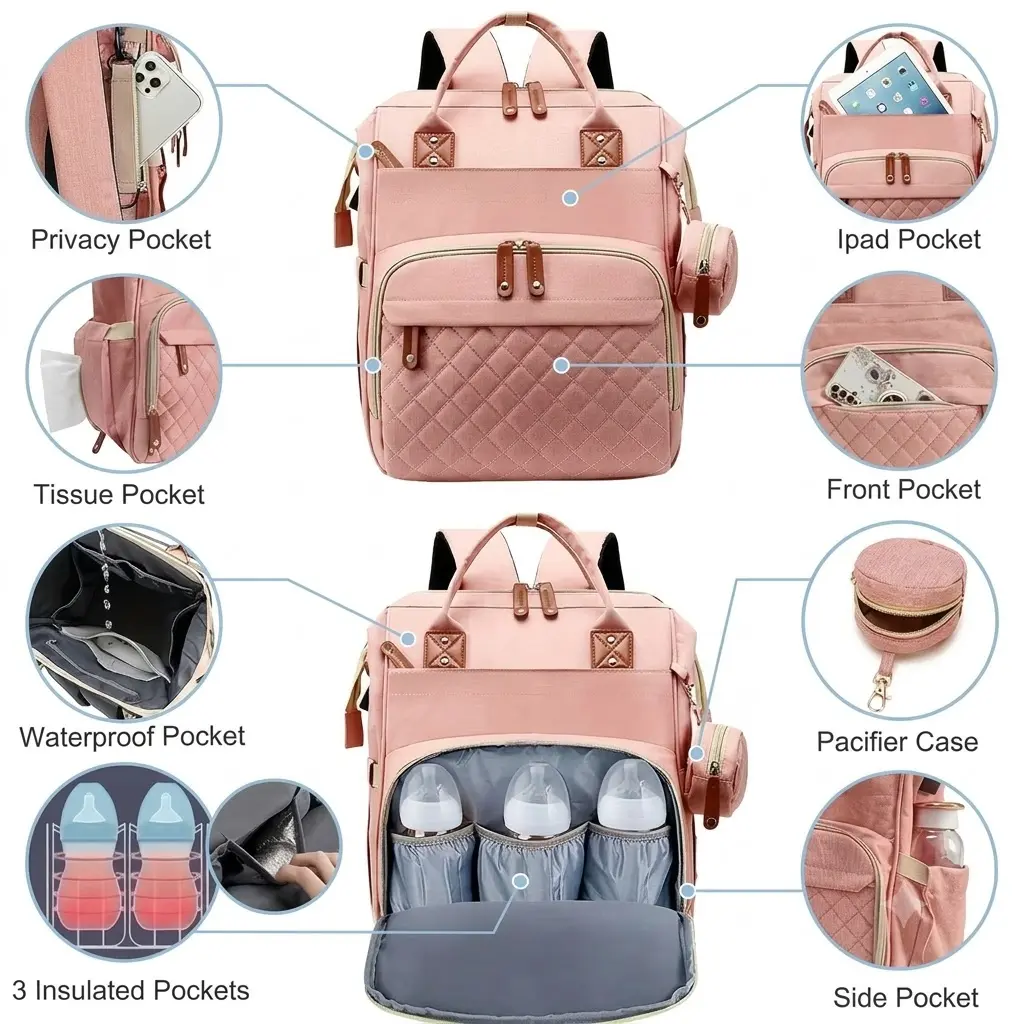 Unisex Waterproof Large-Capacity Diaper Bag Backpack with Portable Changing Pad, USB Charging Port, Stroller Straps, Diaper Bag Organization - Baby Shower Gift for Parents