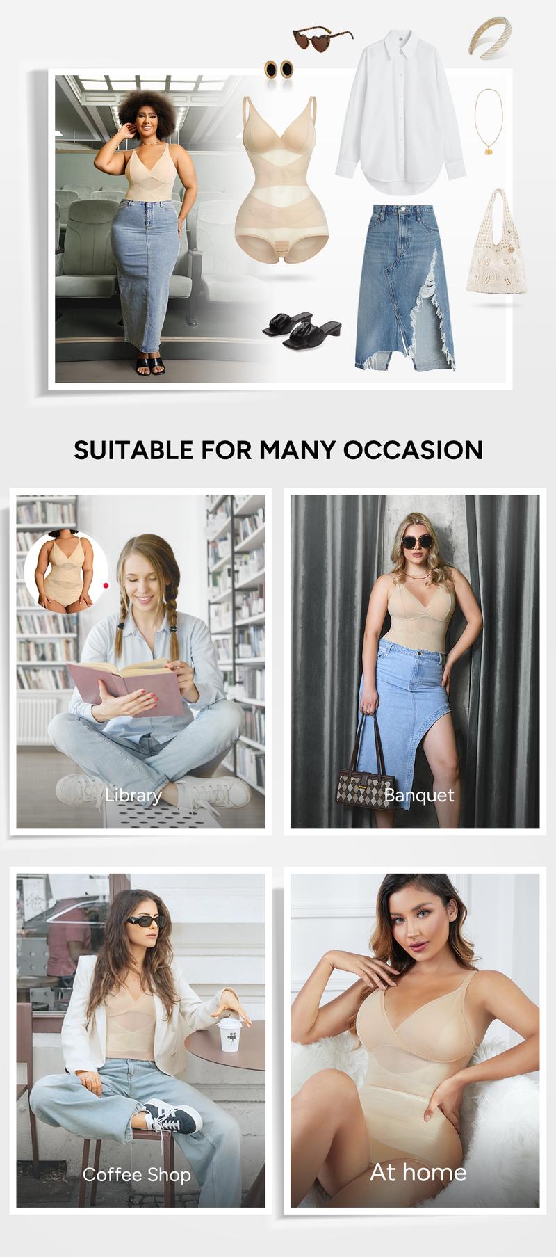 [MAX] Nebility Women's Vneck Bodysuit Shapewear - Built-in Bra, Mesh Breathable Compression, Sleeveless High Waisted, Basic Minimalist Comfort Womenswear Black&Black