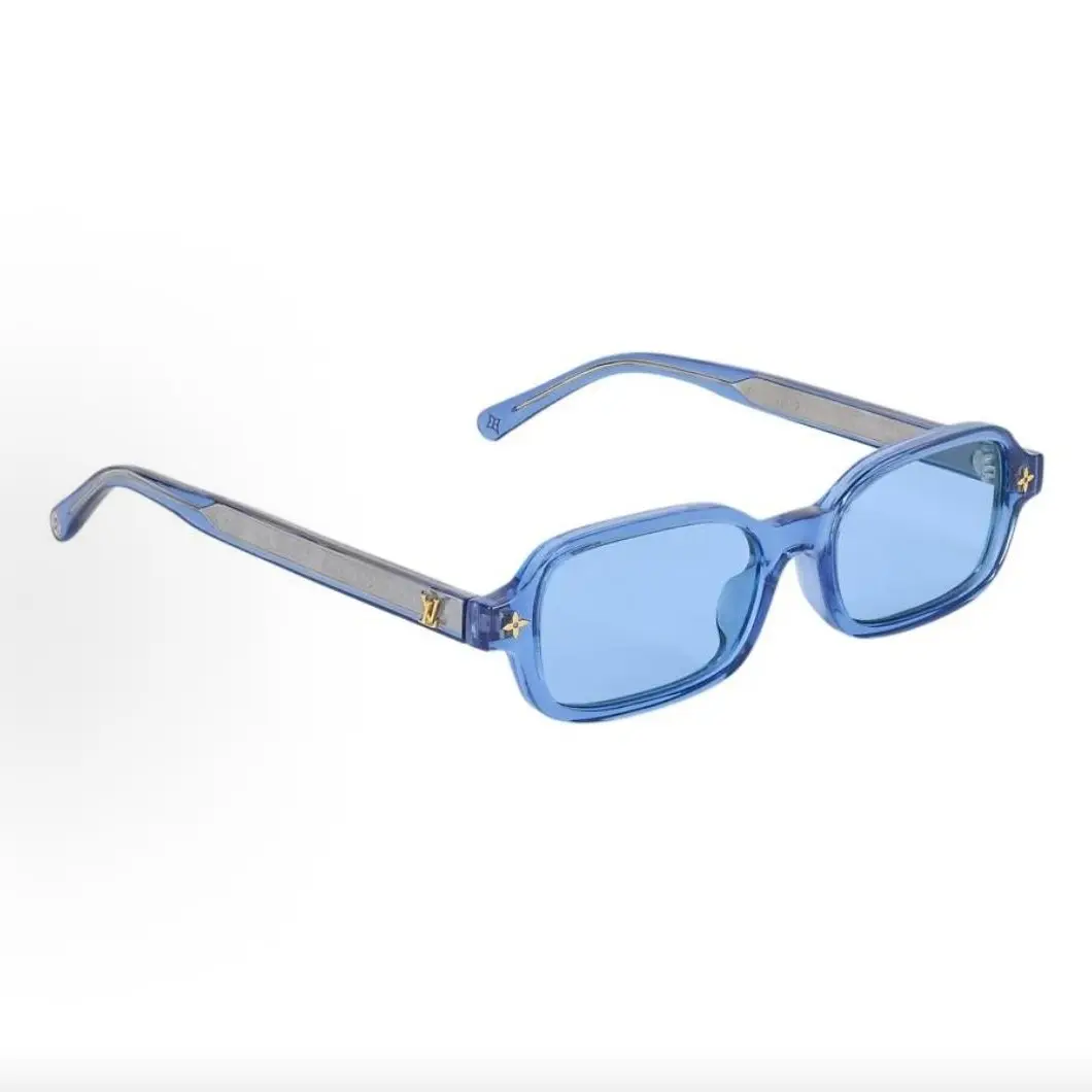 Pre-owned Brand new Louis Vuitton Transparent Slim Rectangle Sunglasses, Crystal Blue Acetate Frame / Solid Light Blue Lens with Gold LV & Monogram（Do not purchase directly. Contact us for details.） Flower Metal Emblems