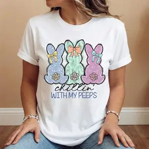 Lightweight Cotton Casual Round Neck Short Sleeve T Shirt Featuring Easter Bunny Design and Chill With My Peeps Graphic Ideal for Summer Wear Machine Washable Made in USA