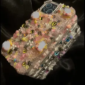 Yellow/Pink IPhone 15 Women’s Fashion Junk Charm Phone Case with Beaded Pearl & Crystal Straps Y2K Nostalgia Modern Utility Secure Grip