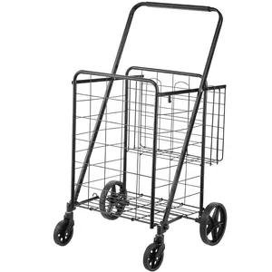 Heavy-Duty Folding Shopping Cart Jumbo Grocery Cart with Dual Baskets 360° Swivel Wheels 110 LBS Capacity for Laundry Shopping Grocery Luggage Black