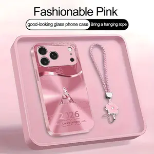 Suitable for [iPhone 17 Pro] high-end women's phone case🤩，a free four-leaf clover lanyard is included, with 26 letters of the alphabet to choose from，auspicious cloud patterns bring you good luck YM99